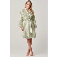 British Boxers Women's "Field Green" Gingham Crisp Cotton Mid-Length Dressing Gown in Light Green | Size: Large