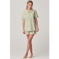 British Boxers Women's "Field Green" Gingham Crisp Cotton Short Pyjama Set in Light Green | Size: Medium
