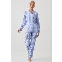 British Boxers Women's "Schoolhouse Blue" Gingham Crisp Cotton Pyjama Set in Light Blue | Size: Small