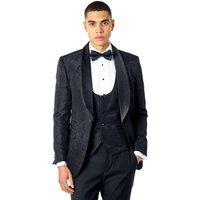 XPOSED Men's Henry Tuxedo Suit Jacket - Elegant Damask Flocked Jacquard Design in Black | Size: 40R