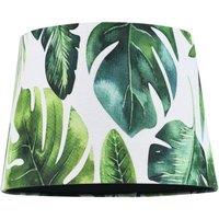 Happy Homewares Palm Leaf Themed 25cm Drum Lampshade in Green & White Linen Fabric with Lining in Dark Green | Size: 10 inches