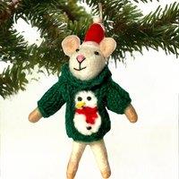 Animal Crackers Felt Mouse Hand Knitted Green Snowman Jumper Hanging Tree Decoration