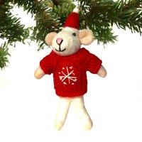 Animal Crackers Felt Mouse Hand Knitted Red Snowflake Jumper Hanging Tree Decoration