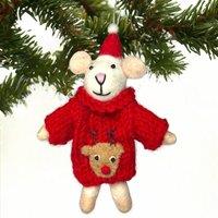 Animal Crackers Felt Mouse In Hand Knitted Red Rudolf Sweater Hanging Tree Decoration