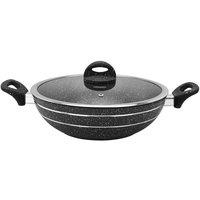 Royalford Granite Coating Non-Stick Wok Pan With Lid Multi Hob in Black | Size: Large