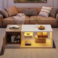 BTM Coffee Table with Storage & LED, White/Wood, MDF+Glass, 105x50x36cm in Natural | Size: 105 x 50 x 36 cm