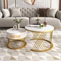 BTM Marble & Rattan Nesting Table, Gold Legs, 2-in-1 Set in White