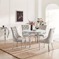 FurnitureboxUK Skye Round Marble Effect Dining Table & 4 Grey Belgravia Chairs