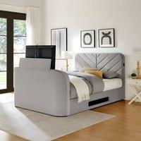 PARADISE BEDS LTD Royal View Velvet Upholstered Smart TV Bed Set - Plush Velvet in Light Grey | Size: Small Double