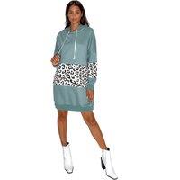 Liquorish Women's Oversized Loungewear Hoodie Dress in Sage & Leopard Print | Size: 14