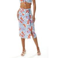 Liquorish Women's Floral Knot Front Midi Skirt in Blue & Red | Size: 16