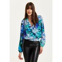 Liquorish Women's Turquoise Marble Print Wrap Top in Blue | Size: 8