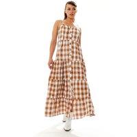 Liquorish Women's Gingham Print Maxi Dress In Brown & White | Size: Large