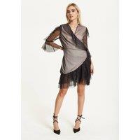 Liquorish Women's Black Polka Dot Wrap Mesh Dress | Size: S/M