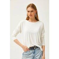 HOXTON GAL Women's Draped Viscose Blouse with Crew Neck & Batwing Sleeves in White | Size: Medium