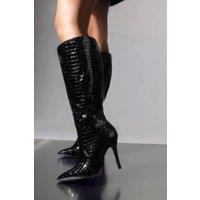 Where's That From Women's 'Quenna' Croc Knee High Stiletto Heeled Boots in Black | Size: 4