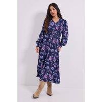 Dorothy Perkins Women's Petite V Neck Button Front Detail Printed Midi Dress in Blue | Size: 8