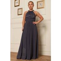 Jolie Moi Women's Halterneck Lace Bodice Maxi Dress in Dark Grey | Size: 14