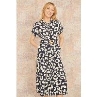 Yumi Women's Navy Abstract Animal Print Relaxed Midi Shirt Dress With Belt | Size: 14