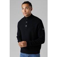 Firetrap Men's Cotton Rich Waffle Knit Funnel Neck Jumper with Buttons in Black | Size: Small