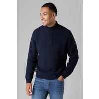 Firetrap Men's Cotton Rich Waffle Knit Funnel Neck Jumper with Buttons in Dark Navy | Size: Small