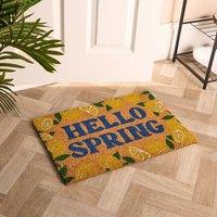 OHS Lemon Print Coir Doormat Hello Spring Slogan Non Slip Door Rug | Size: 40 x 60 cm