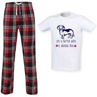60 SECOND MAKEOVER Men's Life Is Better With A Sausage Dog Tartan Trouser Pyjama Set in Red | Size: XL