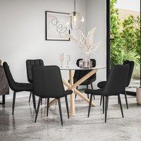 More4Homes Malvern Round Dining Table & Chairs - Clear Glass Table Top w Solid Oak Legs + Nova Faux Leather Dining Chair Set Of 6 in Black