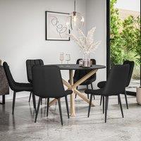 More4Homes Malvern Round Dining Table & Chairs - Black Table Top w Solid Oak Legs + Nova Faux Leather Dining Chair Set Of 6