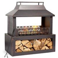 VonHaus Outdoor Fireplace Fire Pit with Log & Wood Store for Garden Patio in Black
