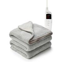 MONHOUSE Heated Electric Throw 9H Timer 9 Heat Setting Shearling Fleece Blanket in Silver | Size: Single