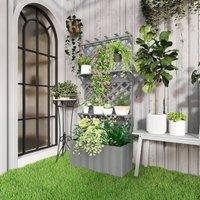 OUTSUNNY Wooden Raised Planter with Trellis & 2 Shelves, Grey