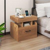 Costway Wooden Nightstand Modern Bedside Table w/ Drawer & Charging Outlets in Natural