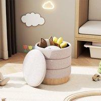 Costway Modern Round Storage Ottoman Upholstered Chenille Foot Stool W/ Lid in Beige