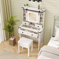Costway Makeup Vanity Desk Set Wooden Dressing Table & Stool w/Mirror & Lights in White