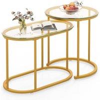 Gymax Nesting Coffee Table Set Round & Oval End Tables With Glass Tabletop in Gold