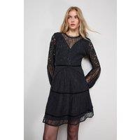 Oasis Women's Mesh Lace Mix Balloon Sleeve Mini Skater Dress in Black | Size: 12