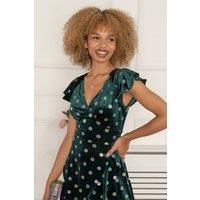 Jolie Moi Women's Frill V Neck Velvet Dress in Green | Size: 8