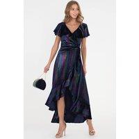 Jolie Moi Women's Print Ruffle Dip Hem Velvet Dress in Navy | Size: 8