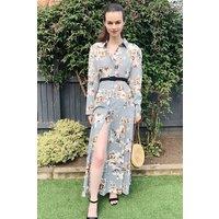 CY Women's Floral Print Long Shirt Dress In Floral Print in Grey | Size: S/M