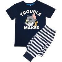 Tom & Jerry Boy's Trouble Maker Stripes Short-Sleeved Long Pyjama Set in Navy | Size: 7-8 Years
