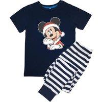 Disney Boy's Mickey Mouse Santa Hat Stripes Short-Sleeved Long Pyjama Set in Navy | Size: 7-8 Years