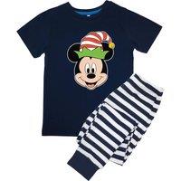 Disney Boy's Mickey Mouse Face Stripes Short-Sleeved Long Pyjama Set in Navy | Size: 3-4 Years
