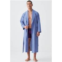 British Boxers Men's "Stowe Prussian Blue & White Stripe" Crisp Cotton Dressing Gown in Navy | Size: Large