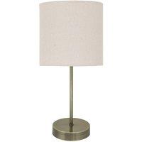 First Choice Lighting Antique Brass Stick Table Lamp with Natural Linen Shade in Bronze