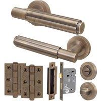 AFIT Antique Brass Door Handle Bathroom Set Handle with WC Lock Hinges in Bronze | Size: 150mm x 150mm