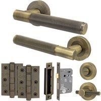AFIT Antique Brass Door Handle Bathroom Set Internal Lock Hinges Knurled in Bronze | Size: 150mm x 150mm