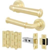 AFIT Brass Door Handle Latch Set Satin Brass Door Handle, Latch Hinges in Gold | Size: 150mm x 150mm