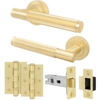 AFIT Brass Door Handle Latch Set Satin Brass Door Handle, Latch Hinges in Gold | Size: 150mm x 150mm