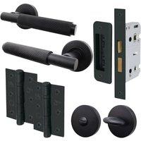 AFIT Black Knurled Bathroom Door Handle Set Internal Handles Lock Hinges | Size: 150mm x 150mm